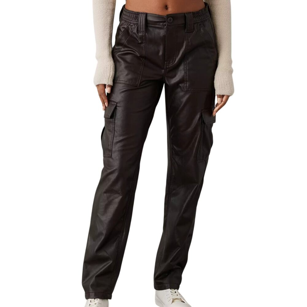 American Eagle Vegan Leather Cargo Pants Brown Straight Leg Women's 8 Long Y2K